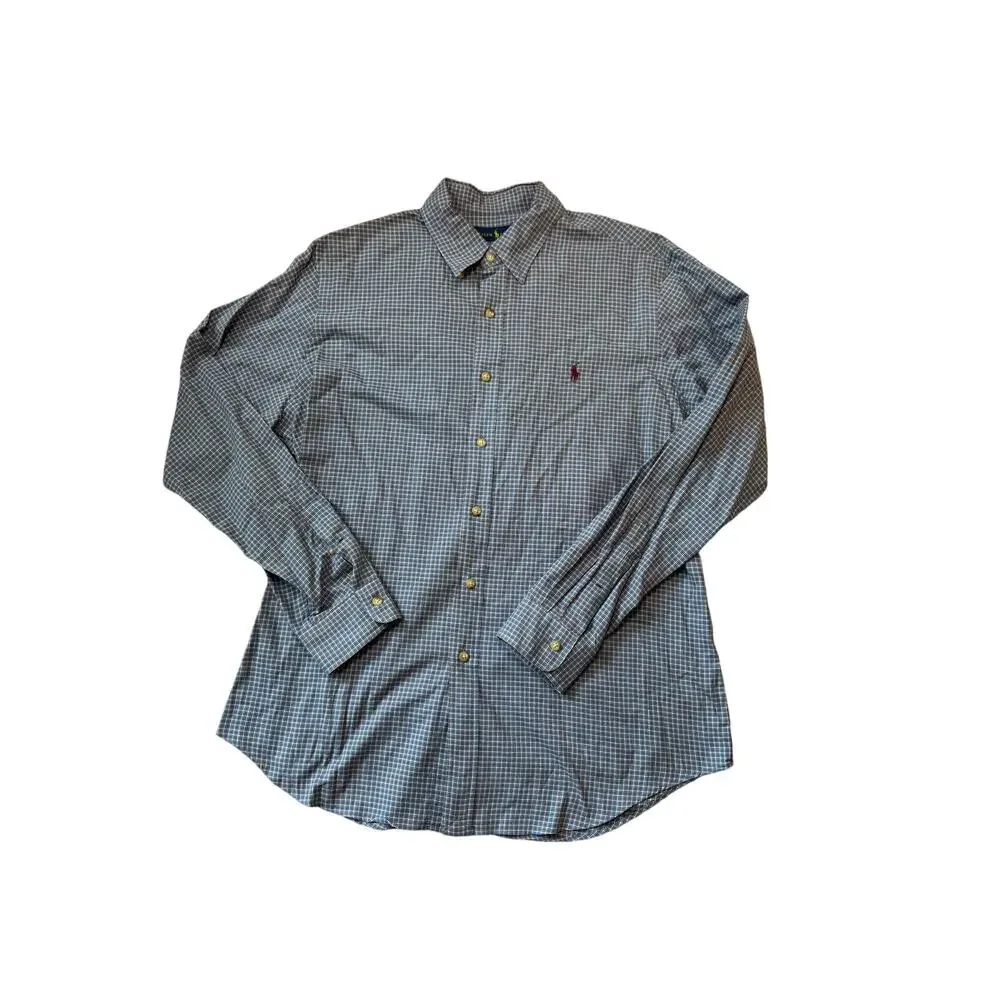 Polo Ralph Lauren Button Up Shirt Mens Large L Blue Plaid Check Cotton Pony